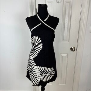 Ever New Paros Palm Linen Blend Halter Mini Dress Black White Womens Sz 10 New